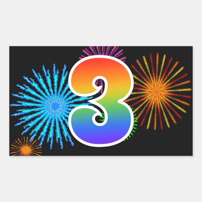 Fun Fireworks + Rainbow Pattern "3" Event Number Rectangular Sticker (Front)
