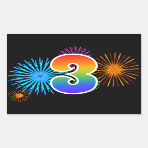 Fun Fireworks + Rainbow Pattern "3" Event Number Rectangular Sticker