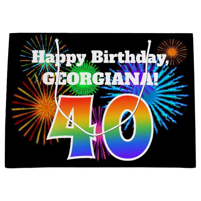 Fun Fireworks + Rainbow Pattern "40" Birthday # Large Gift Bag (Front)