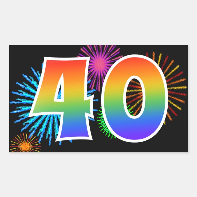Fun Fireworks + Rainbow Pattern "40" Event Number Rectangular Sticker (Front)