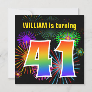 Fun Fireworks + Rainbow Pattern "41" Birthday # Invitation