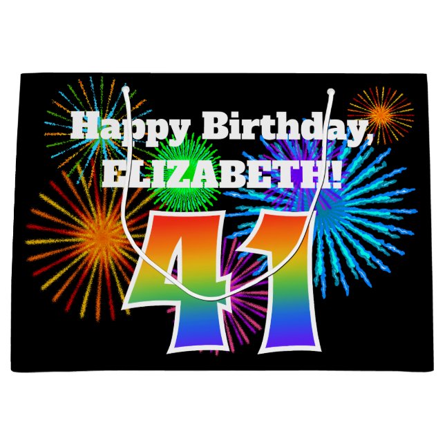 Fun Fireworks + Rainbow Pattern "41" Birthday # Large Gift Bag (Front)