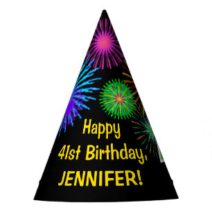 Fun Fireworks + Rainbow Pattern "41" Birthday # Party Hat