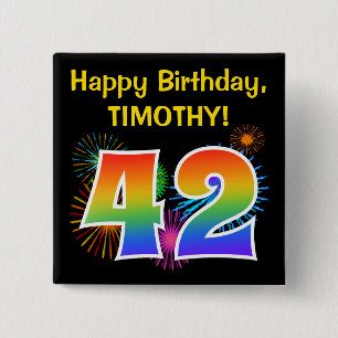 Fun Fireworks + Rainbow Pattern "42" Birthday # 15 Cm Square Badge