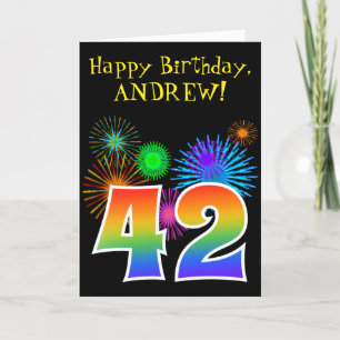 Fun Fireworks + Rainbow Pattern "42" Birthday # Card