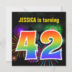 Fun Fireworks + Rainbow Pattern "42" Birthday # Invitation