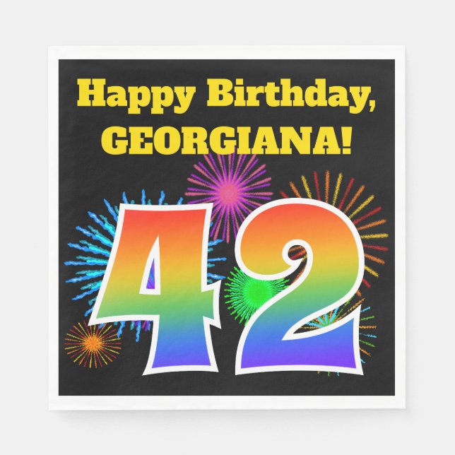 Fun Fireworks + Rainbow Pattern "42" Birthday # Napkin (Front)