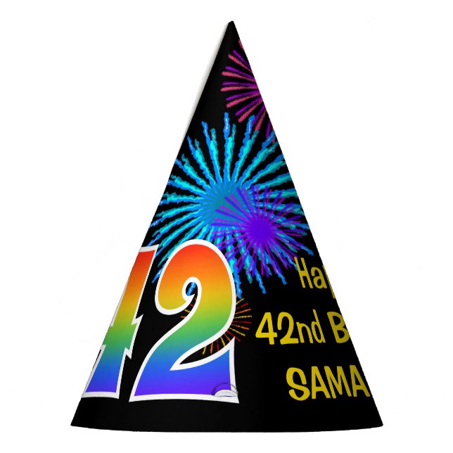 Fun Fireworks + Rainbow Pattern "42" Birthday # Party Hat (Left)