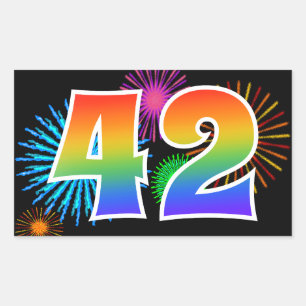 Fun Fireworks + Rainbow Pattern "42" Event Number Rectangular Sticker