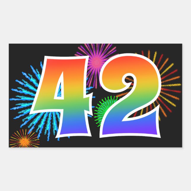 Fun Fireworks + Rainbow Pattern "42" Event Number Rectangular Sticker (Front)