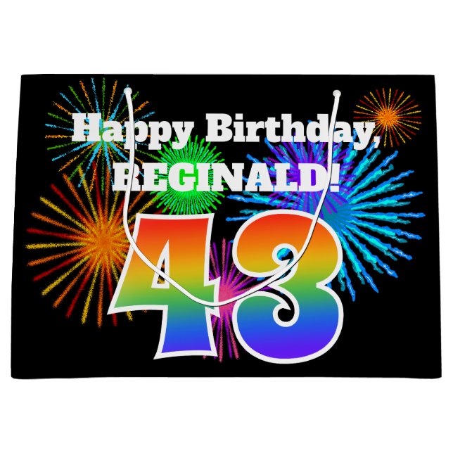 Fun Fireworks + Rainbow Pattern "43" Birthday # Large Gift Bag (Front)