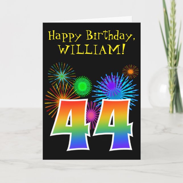 Fun Fireworks + Rainbow Pattern "44" Birthday # Card (Front)