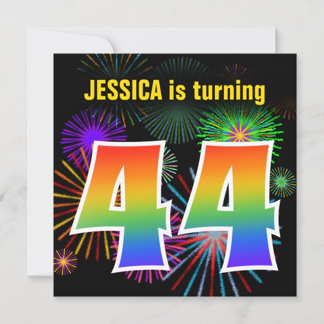 Fun Fireworks + Rainbow Pattern "44" Birthday # Invitation (Front)