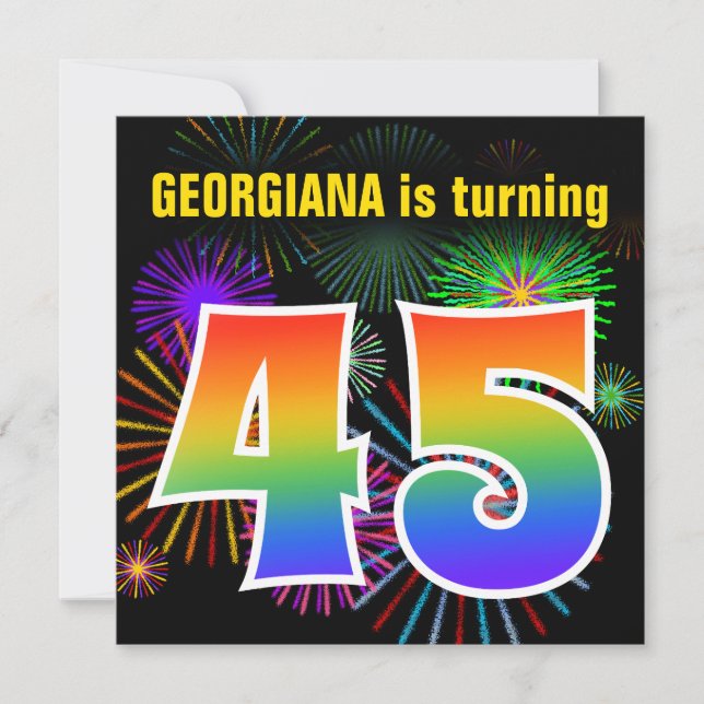 Fun Fireworks + Rainbow Pattern "45" Birthday # Invitation (Front)