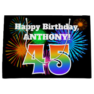 Fun Fireworks + Rainbow Pattern "45" Birthday # Large Gift Bag