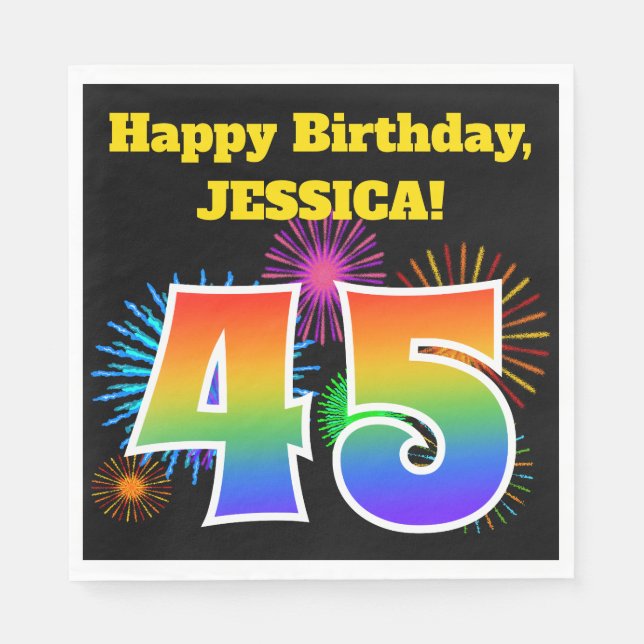 Fun Fireworks + Rainbow Pattern "45" Birthday # Napkin (Front)