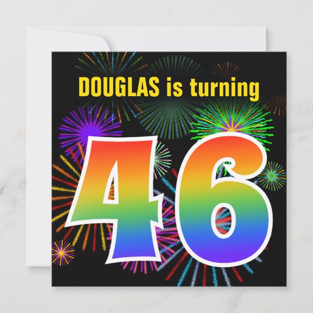 Fun Fireworks + Rainbow Pattern "46" Birthday # Invitation (Front)