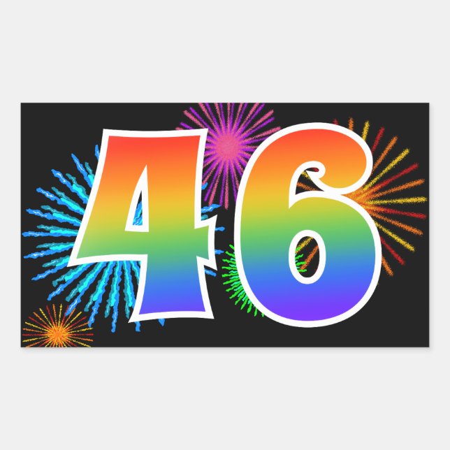 Fun Fireworks + Rainbow Pattern "46" Event Number Rectangular Sticker (Front)