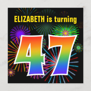 Fun Fireworks + Rainbow Pattern "47" Birthday # Invitation