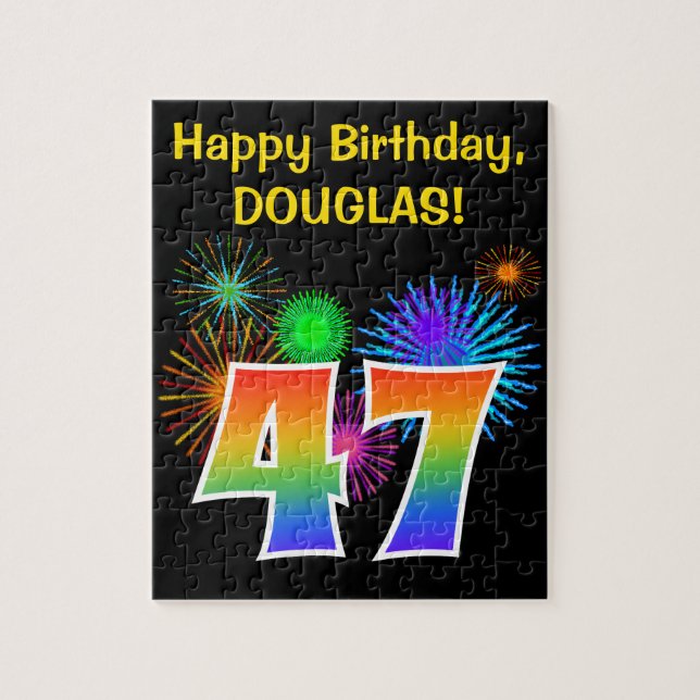 Fun Fireworks + Rainbow Pattern "47" Birthday # Jigsaw Puzzle (Vertical)