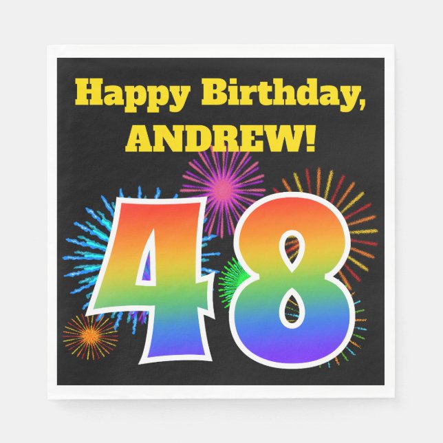 Fun Fireworks + Rainbow Pattern "48" Birthday # Napkin (Front)