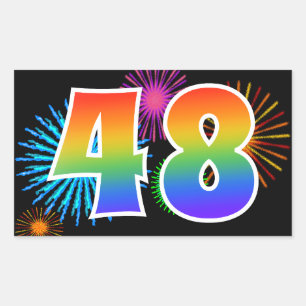 Fun Fireworks + Rainbow Pattern "48" Event Number Rectangular Sticker