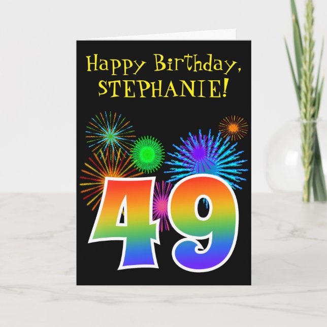 Fun Fireworks + Rainbow Pattern "49" Birthday # Card (Front)