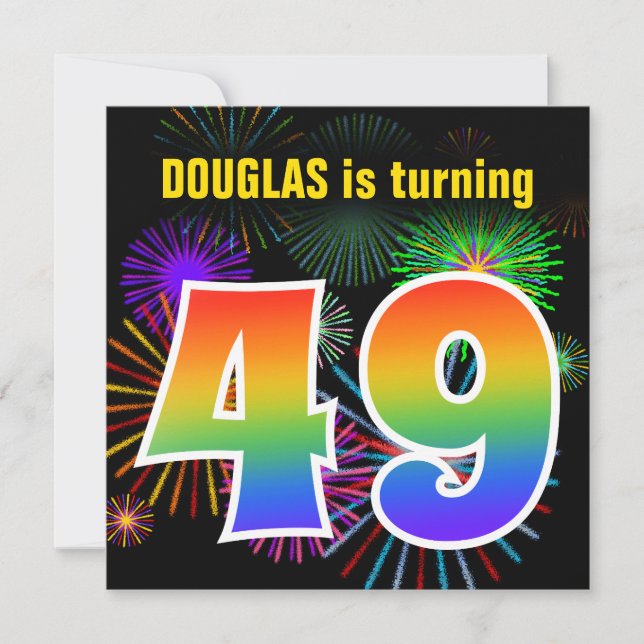 Fun Fireworks + Rainbow Pattern "49" Birthday # Invitation (Front)