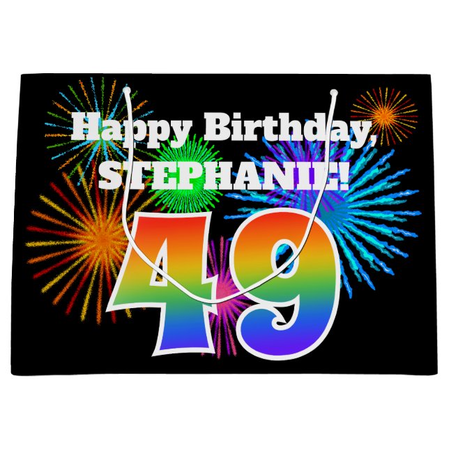 Fun Fireworks + Rainbow Pattern "49" Birthday # Large Gift Bag (Front)