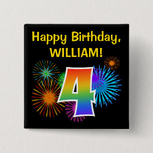 Fun Fireworks + Rainbow Pattern "4" Birthday # 15 Cm Square Badge