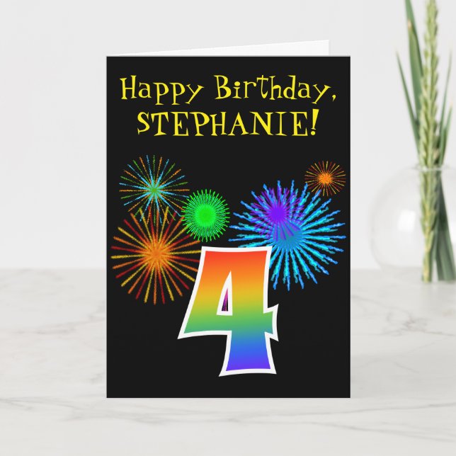 Fun Fireworks + Rainbow Pattern "4" Birthday # Card (Front)