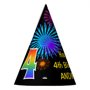Fun Fireworks + Rainbow Pattern "4" Birthday # Party Hat