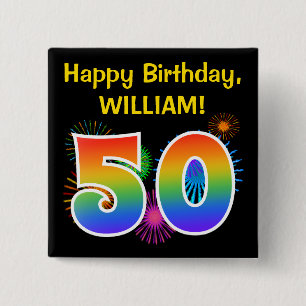Fun Fireworks + Rainbow Pattern "50" Birthday # 15 Cm Square Badge
