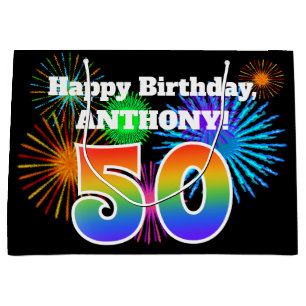 Fun Fireworks + Rainbow Pattern "50" Birthday # Large Gift Bag