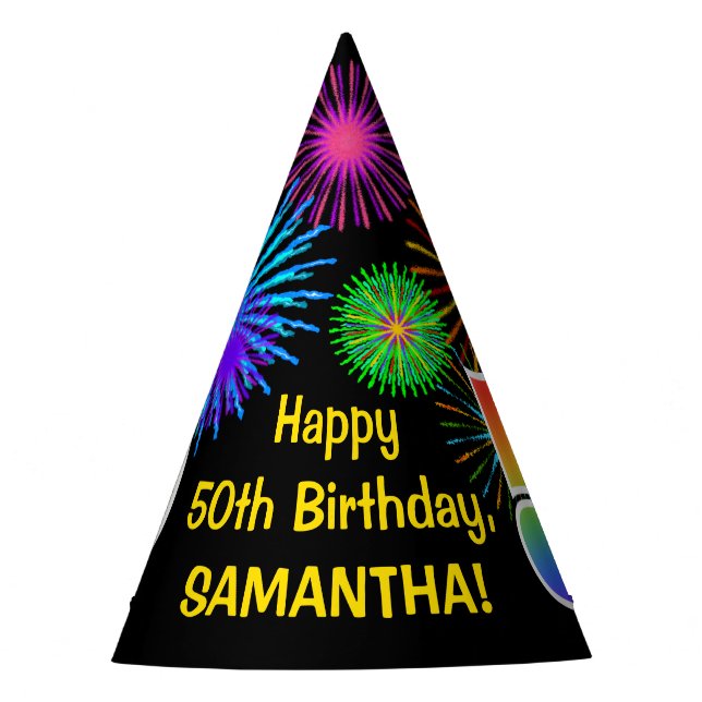 Fun Fireworks + Rainbow Pattern "50" Birthday # Party Hat (Front)