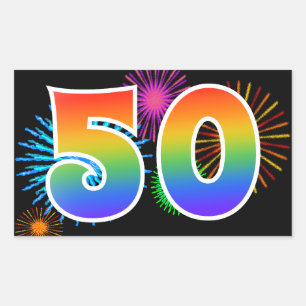 Fun Fireworks + Rainbow Pattern "50" Event Number Rectangular Sticker