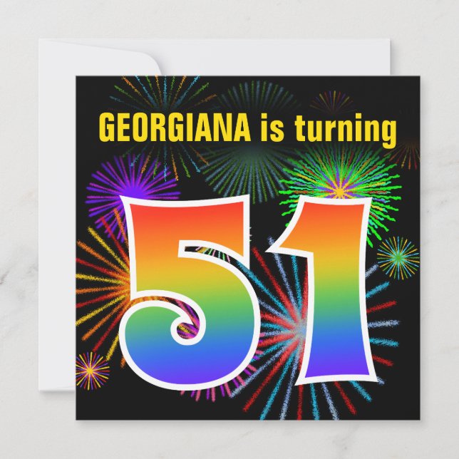 Fun Fireworks + Rainbow Pattern "51" Birthday # Invitation (Front)