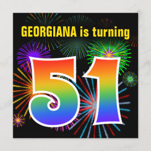 Fun Fireworks + Rainbow Pattern "51" Birthday # Invitation
