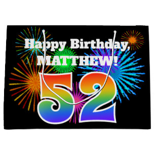 Fun Fireworks + Rainbow Pattern "52" Birthday # Large Gift Bag