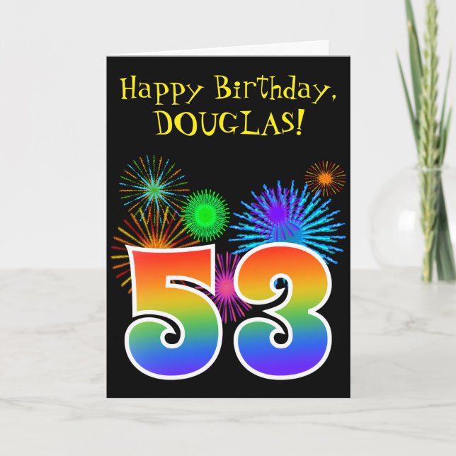 Fun Fireworks + Rainbow Pattern "53" Birthday # Card (Front)