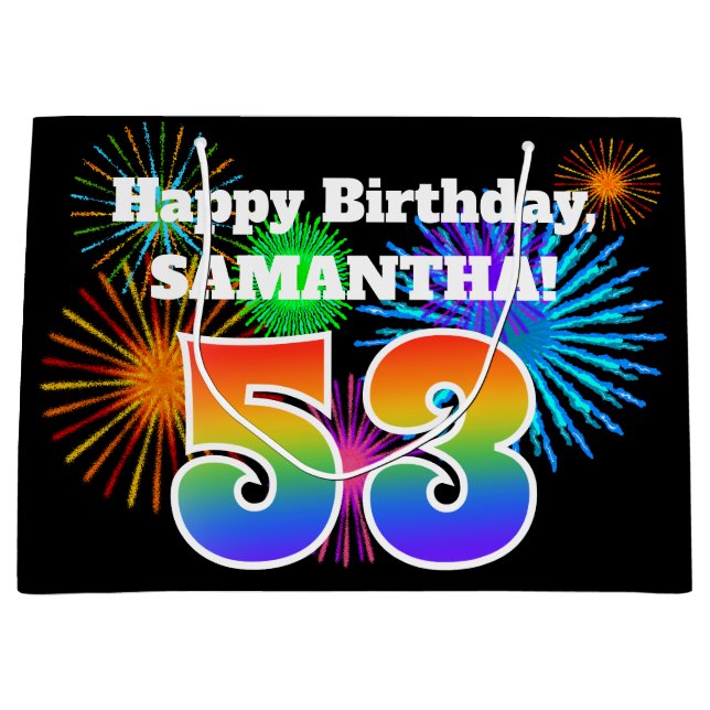 Fun Fireworks + Rainbow Pattern "53" Birthday # Large Gift Bag (Front)