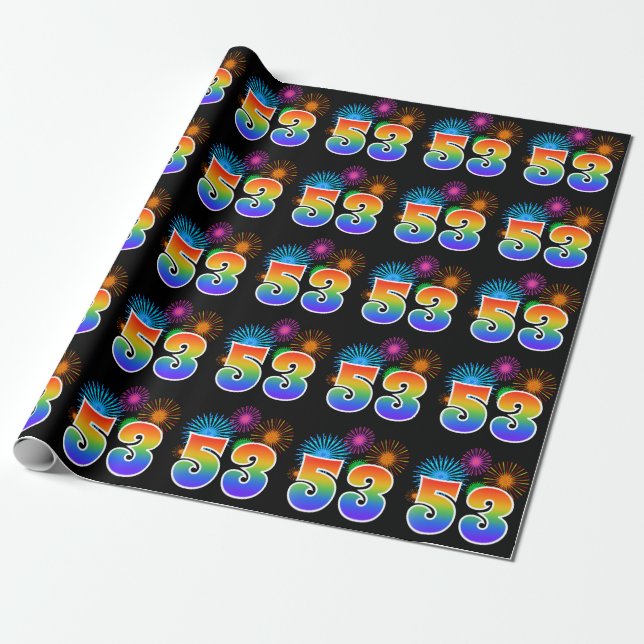 Fun Fireworks + Rainbow Pattern "53" Event Number Wrapping Paper (Unrolled)