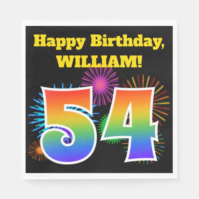 Fun Fireworks + Rainbow Pattern "54" Birthday # Napkin (Front)
