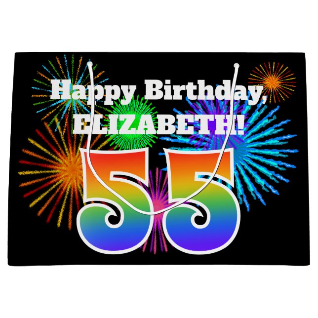Fun Fireworks + Rainbow Pattern "55" Birthday # Large Gift Bag (Front)