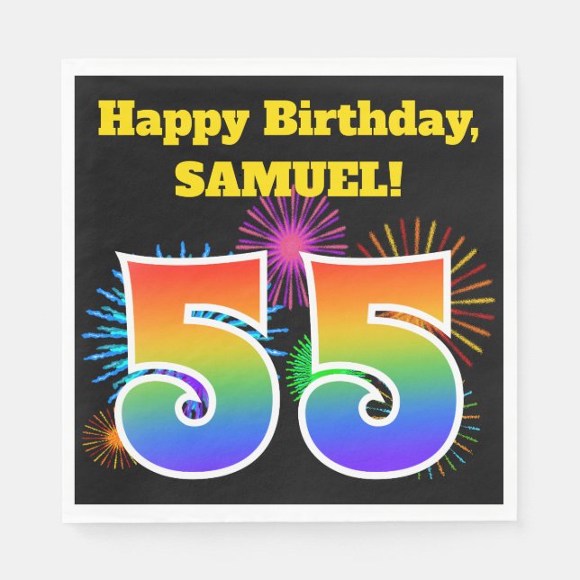 Fun Fireworks + Rainbow Pattern "55" Birthday # Napkin (Front)