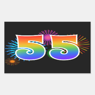 Fun Fireworks + Rainbow Pattern "55" Event Number Rectangular Sticker