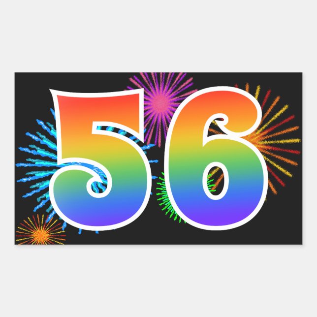 Fun Fireworks + Rainbow Pattern "56" Event Number Rectangular Sticker (Front)