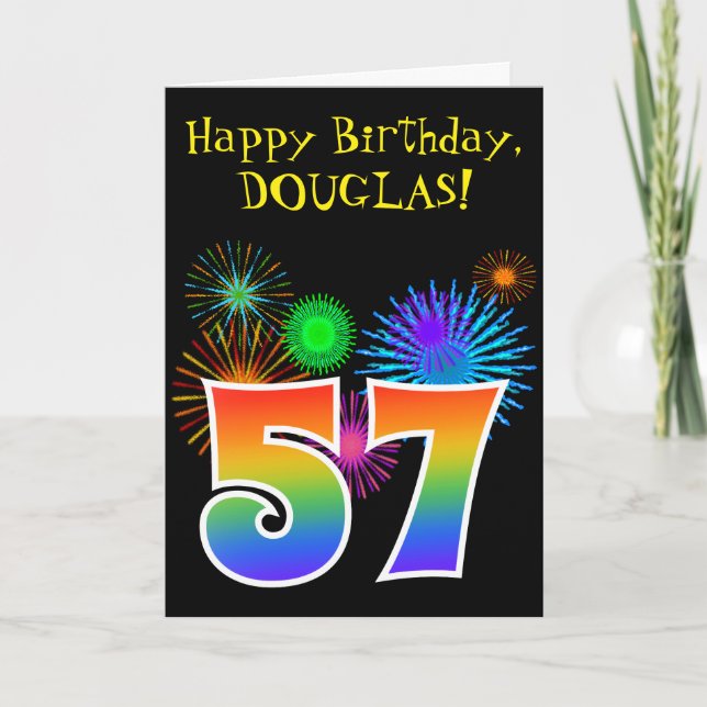 Fun Fireworks + Rainbow Pattern "57" Birthday # Card (Front)