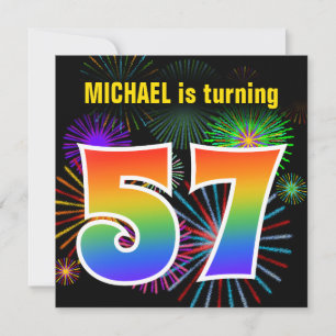 Fun Fireworks + Rainbow Pattern "57" Birthday # Invitation