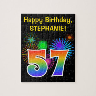 Fun Fireworks + Rainbow Pattern "57" Birthday # Jigsaw Puzzle